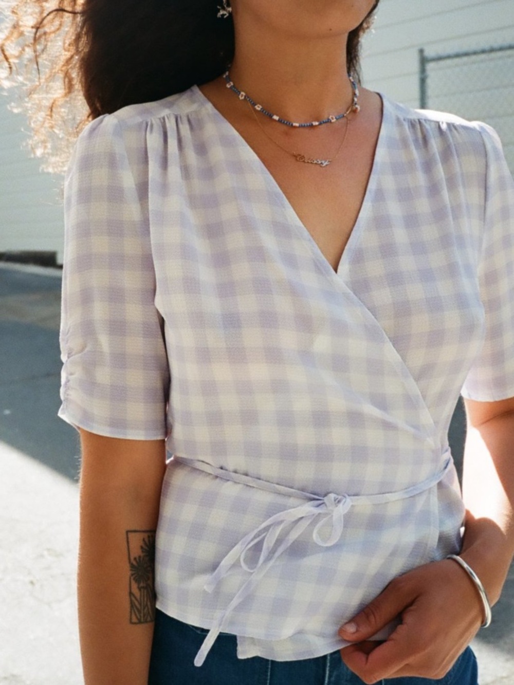 Charlie Holiday Lavender & White Gingham Wrap Blouse